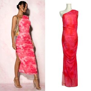 Shein Glamine XL Hot Pink Tie-Dye One Shoulder Ruched Slit Bodycon Maxi Dress